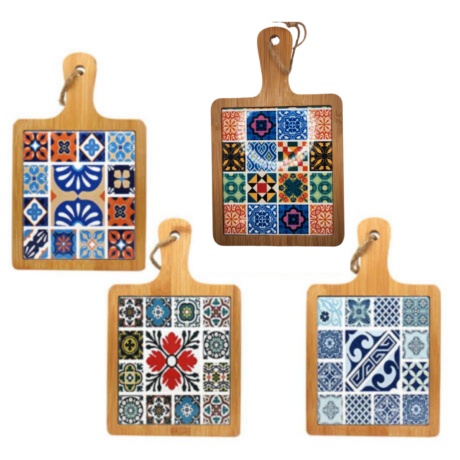 ASS. 4 PLANCHES À DÉCOUPER CÉRAMIQUE/BAMBOU  CARREAUX ARABESQUES VARIÉES 24CM