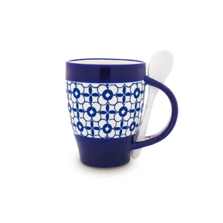 MUG ET CUILLERE CÉRAMIQUE BLEU/BLANC ARABESQUE