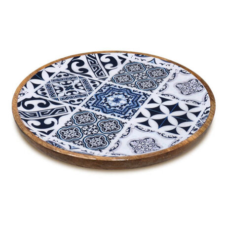 PLAT ROND Ø20CM LAQUÉ CARREAUX BLEU-BLANC